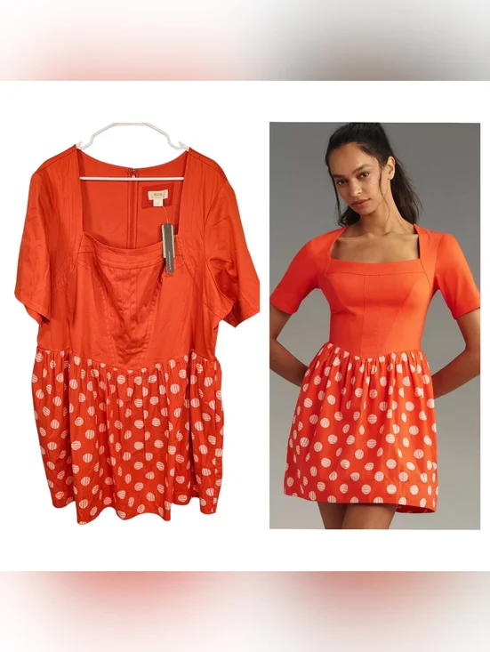 Maeve Anthropologie Short Sleeve Polka Dot Square Neck Mini Dress Basque Waist - Picture 1 of 9